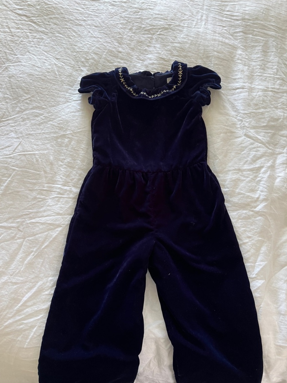 Janie and Jack Navy Velvet Romper with Gold Embroidery